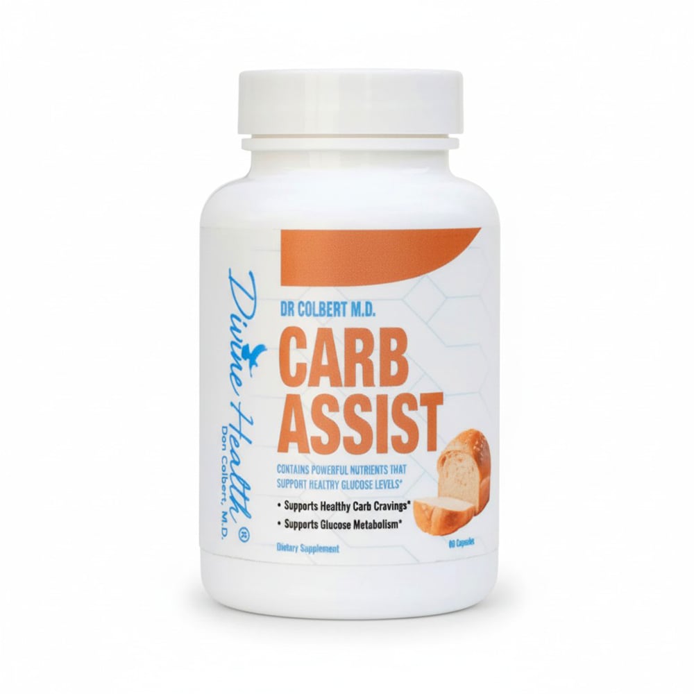 Carb Assist by Dr. Don Colbert, MD from Divine Health — dietary supplement formulated to support healthy glucose metabolism, balanced blood sugar levels, and reduced carbohydrate cravings, ideal for low-carb and Keto Zone nutrition plans focused on metabolic health and sustained energy support.