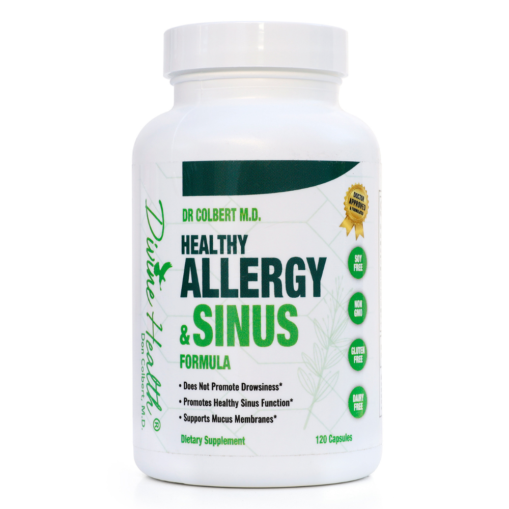 Divine Health Healthy Sinus & Allergy Formula by Dr. Colbert supports clear sinuses, balanced immune response, mucosal health and respiratory comfort with botanicals enzymes and antioxidants for natural daily wellness