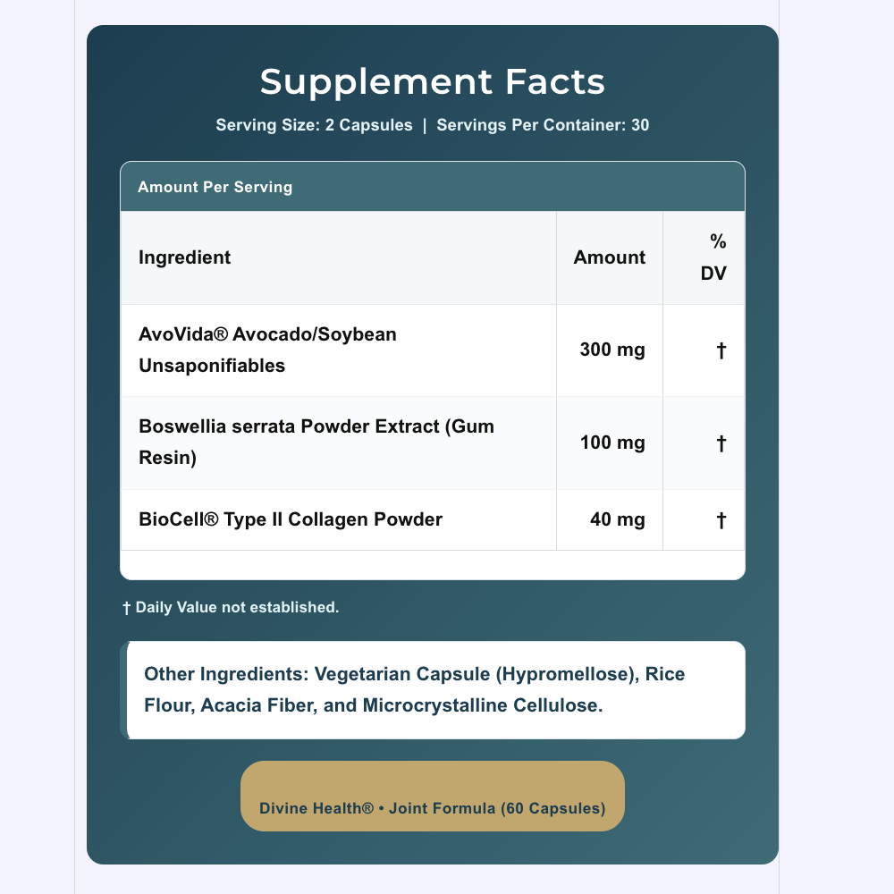Supplement facts label for Divine Health Joint Formula by Dr. Don Colbert MD – includes AvoVida 300mg, Boswellia Serrata Extract 100mg, BioCell Type II Collagen 40mg per serving, vegetarian capsule, and other ingredients like rice flour and acacia fiber.