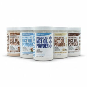 Seven Keto Zone MCT Oil Powder flavors lined up on a white background