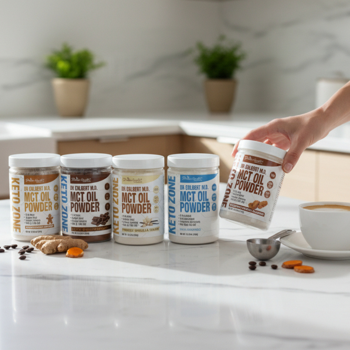 Keto Zone MCT Oil Powder jars on kitchen counter beside a cup of coffee