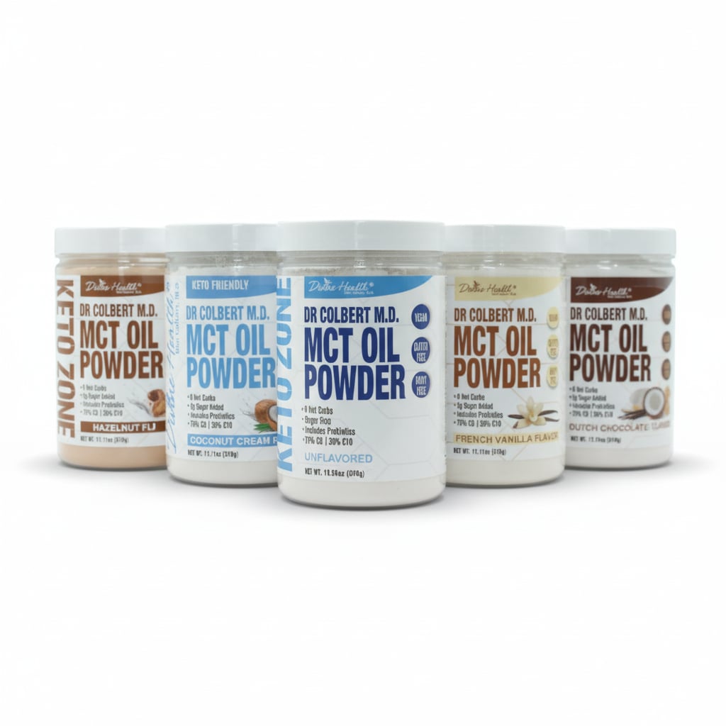 Seven Keto Zone MCT Oil Powder flavors lined up on a white background