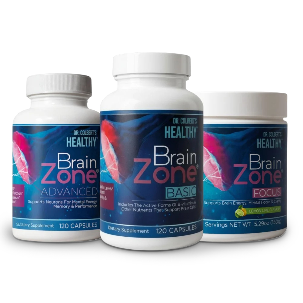 Divine Health Brain Zone Maintenance Pack by Dr. Don Colbert, MD displayed on a white background, featuring Brain Zone Advanced capsules, Brain Zone Basic capsules, and Brain Zone Focus powder designed to support brain energy, focus, and mental clarity.
