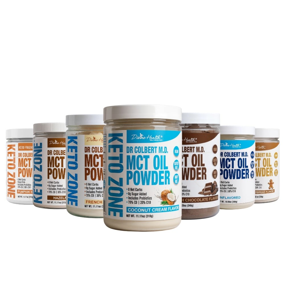 Divine Health Dr. Don Colbert, MD MCT Oil Powder collection arranged on a white background, showcasing multiple flavors in matching jars: Coconut Cream centered in front, surrounded by Hazelnut, Unflavored, Vanilla, Gingerbread, Pumpkin Spice, Dutch Chocolate, and French Vanilla; each container features bold Keto Zone branding, flavor-specific label colors, and clean white lids, creating a cohesive lineup of the full MCT Powder assortment.