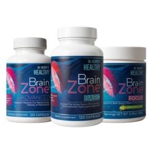 Divine Health Dr. Don Colbert, MD Brain Zone Maintenance Pack displayed on a clean white background, featuring three products: Brain Zone Advanced in a white bottle with deep blue and pink artwork, Brain Zone Basic in a matching white bottle with similar branding, and Brain Zone Focus in a wider container with lemon-lime flavor labeling; all three arranged side-by-side showcasing the cohesive design, vibrant colors, and complete Brain Zone product trio.