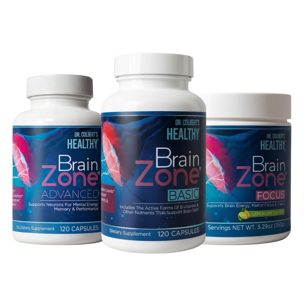 Divine Health Dr. Don Colbert, MD Brain Zone Maintenance Pack displayed on a clean white background, featuring three products: Brain Zone Advanced in a white bottle with deep blue and pink artwork, Brain Zone Basic in a matching white bottle with similar branding, and Brain Zone Focus in a wider container with lemon-lime flavor labeling; all three arranged side-by-side showcasing the cohesive design, vibrant colors, and complete Brain Zone product trio.