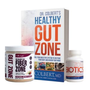 Divine Health Dr. Don Colbert, MD Gut Zone Starter Pack shown on a pure white background, featuring a Fiber Zone container in Natural Berry Flavor with maroon-and-white labeling, Dr. Colbert’s “Healthy Gut Zone” book standing upright with bold blue and orange title text, and a white bottle of Zone Biotics positioned to the right; all items arranged closely to present the complete Gut Zone product trio.