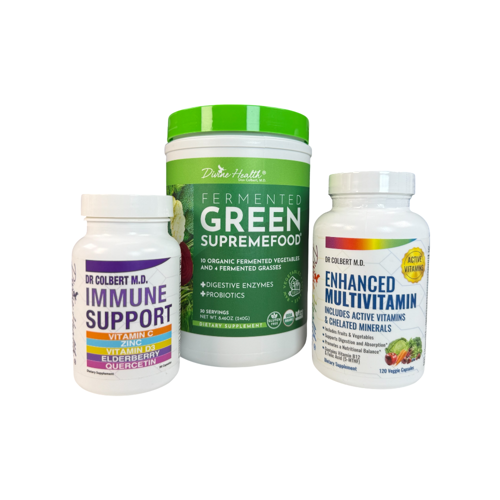 Divine Health Dr. Don Colbert, MD Immune Support Maintenance Pack shown on a clean white background, featuring three products: Immune Support with purple and orange label accents, Fermented Green Supremefood in a tall green container with vegetable imagery, and Enhanced Multivitamin in a white bottle with rainbow color accents, all grouped together to highlight the complete maintenance pack presentation.