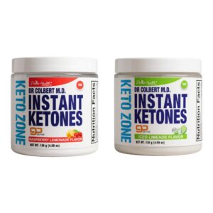 Divine Health Instant Ketones formulated by Dr. Don Colbert, MD shown on a clean white background, featuring two tubs side-by-side: Raspberry Lemonade Flavor with red accents and fruit imagery, and Iced Limeade Flavor with green accents and lime graphics. Both containers include bold blue “Instant Ketones” text, Keto Zone side branding, and white lids, presented together as a two-flavor product set.