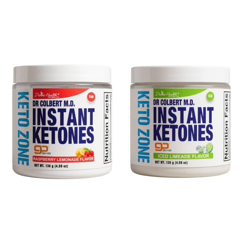 Divine Health Instant Ketones formulated by Dr. Don Colbert, MD shown on a clean white background, featuring two tubs side-by-side: Raspberry Lemonade Flavor with red accents and fruit imagery, and Iced Limeade Flavor with green accents and lime graphics. Both containers include bold blue “Instant Ketones” text, Keto Zone side branding, and white lids, presented together as a two-flavor product set.