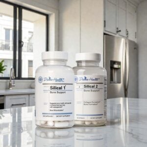 Divine Health Dr. Don Colbert, MD Silical System displayed on a polished marble kitchen counter, featuring two supplement bottles: Silical 1 with a white-and-blue clinical-style label and white capsules visible inside, and Silical 2 with a matching coordinated label; both bottles set against a modern kitchen backdrop with natural light, stainless-steel appliances, and a large window, emphasizing the clean and minimalist design of the two-part system.