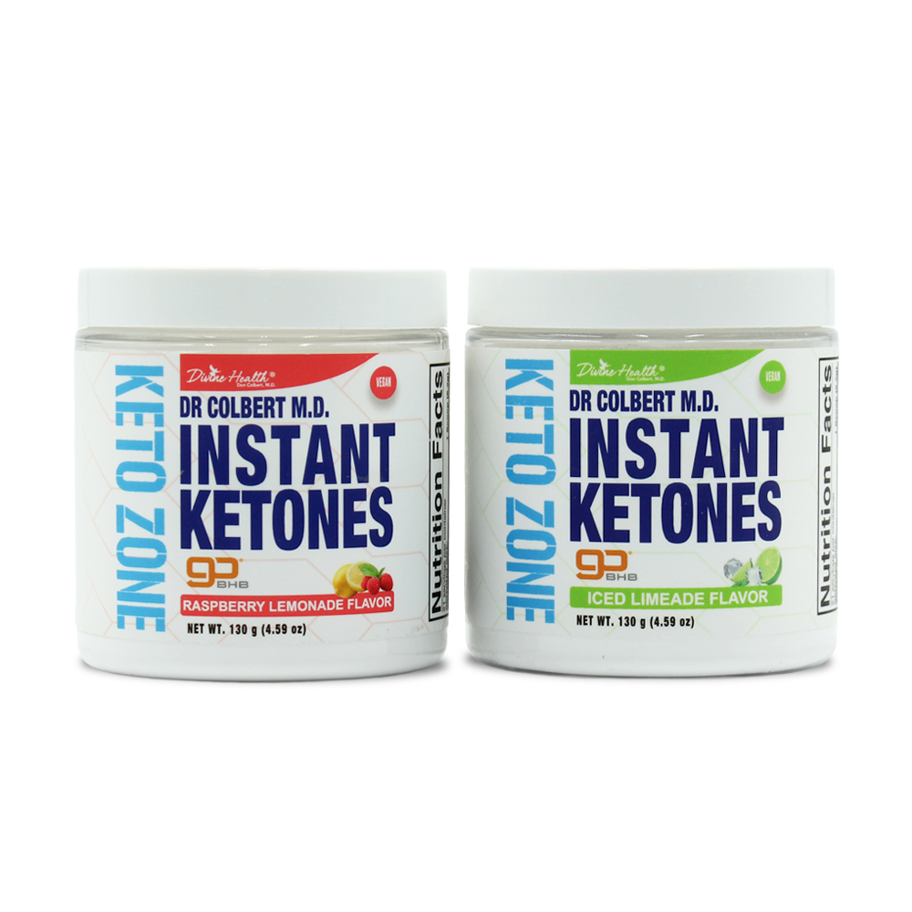 Two white plastic supplement tubs of Keto Zone Instant Ketones by Dr. Don Colbert, MD are displayed side by side against a clean white background. Each container has a white screw-top lid and a bold, modern label design. The tub on the left features the Raspberry Lemonade flavor with red and pink accents and illustrated raspberries and lemon slices on the front. The tub on the right displays the Iced Limeade flavor with green accents and lime imagery. Both labels prominently show “Instant Ketones,” “Keto Zone,” and “Dr Colbert M.D.” in large, high-contrast typography, along with “93 BHB” and a visible Nutrition Facts panel on the side. The containers are evenly aligned, front-facing, and well lit, emphasizing product branding, flavor variety, and clean packaging presentation.