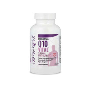 A white plastic supplement bottle of Dr. Colbert M.D. Q10 Vital is centered against a plain white background. The bottle has a white screw-top cap and a purple-and-white wraparound label. The front label prominently displays “Q10 Vital” in large purple text, along with “Superior Bioavailability” and additional descriptive text arranged in vertical sections. A stylized human silhouette graphic appears on the label with a small circular heart icon illustration. Smaller text near the bottom indicates the product is a dietary supplement with 60 capsules. The bottle is photographed straight on with even lighting, clearly showing the label design, typography, and branding details.