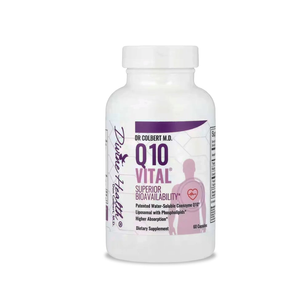 A white plastic supplement bottle of Dr. Colbert M.D. Q10 Vital is centered against a plain white background. The bottle has a white screw-top cap and a purple-and-white wraparound label. The front label prominently displays “Q10 Vital” in large purple text, along with “Superior Bioavailability” and additional descriptive text arranged in vertical sections. A stylized human silhouette graphic appears on the label with a small circular heart icon illustration. Smaller text near the bottom indicates the product is a dietary supplement with 60 capsules. The bottle is photographed straight on with even lighting, clearly showing the label design, typography, and branding details.