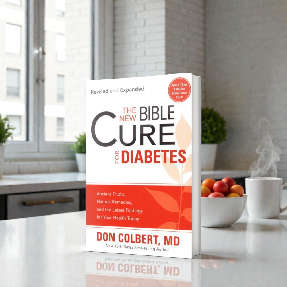 A revised and expanded softcover book titled “The New Bible Cure for Diabetes” by Don Colbert, MD is displayed standing upright on a clean kitchen countertop. The book is angled slightly to the right, showing the softcover spine and thickness of the pages. Behind the book is a bright kitchen setting with a window letting in natural daylight, light-colored cabinetry, and a subtle brick-style backsplash. To the right sits a white bowl filled with fresh fruit and a steaming white mug, while a small green plant appears in the background. The book cover features bold black and red lettering, a soft leaf graphic in warm tones, and a red circular badge stating “More Than 3 Million Bible Cures Sold.