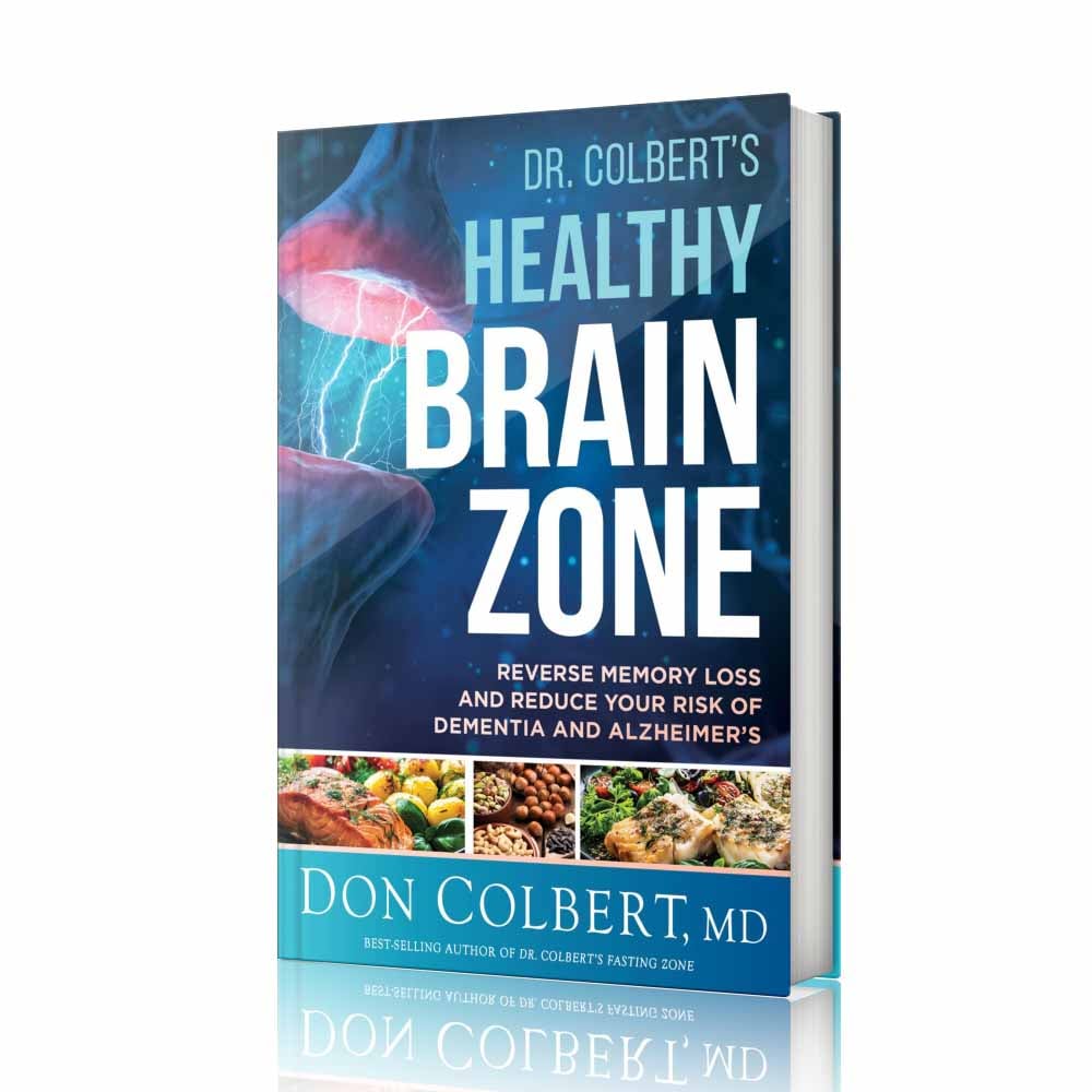 Hardcover book Dr. Colbert’s Healthy Brain Zone by Dr. Don Colbert, MD from Divine Health featuring a blue cover with a brain and neural imagery representing cognitive health and neurological wellness. This health book focuses on improving memory, mental clarity, and brain function through nutrition and lifestyle strategies. The guide explains the connection between gut health and brain health, emphasizing probiotics for microbiome balance, fiber supplements for digestive support, and nutritional approaches that may include collagen powder and MCT oil powder to support energy production, brain metabolism, and long-term cognitive wellness.