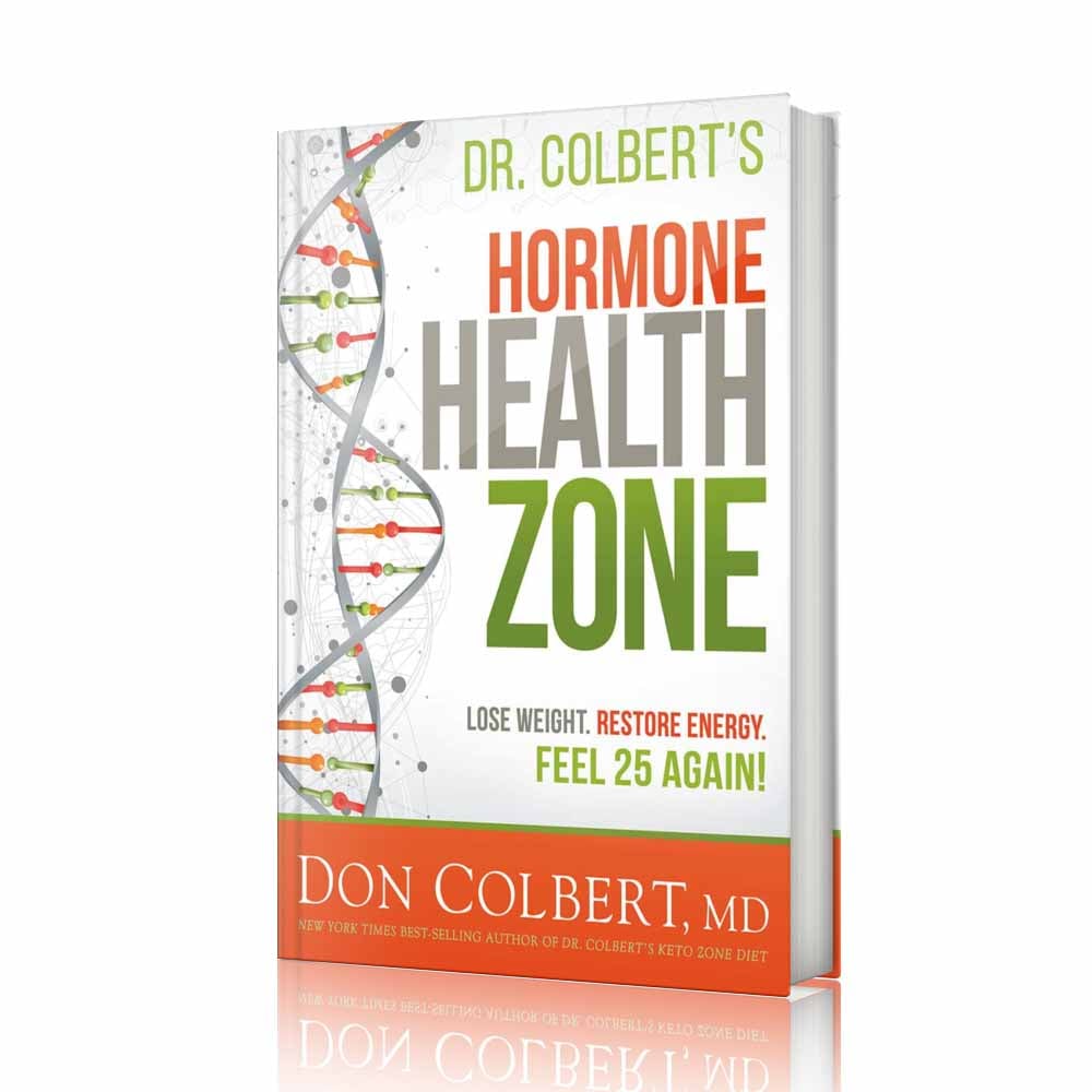 Hardcover book Dr. Colbert’s Hormone Health Zone by Dr. Don Colbert, MD from Divine Health featuring a cover with DNA imagery representing hormone balance and metabolic health. This health and nutrition book focuses on improving hormone function through lifestyle changes, nutrition, and supplementation strategies. The guide explains how gut health and the microbiome influence hormone balance, highlighting probiotics for digestive wellness, fiber supplements for metabolic support, and nutrition approaches that may include collagen powder and MCT oil powder to support energy, metabolism, and overall wellness through the Divine Health lifestyle approach.