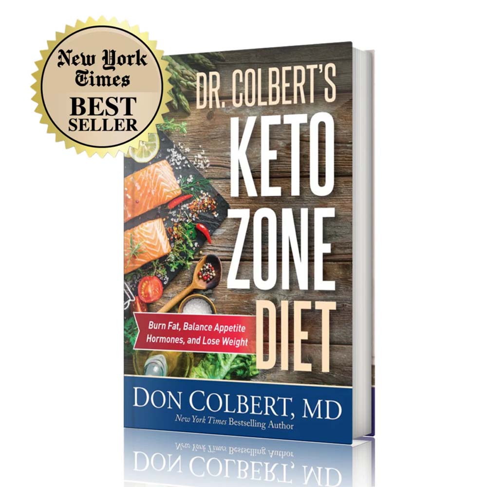 Cover of Dr. Colbert’s Keto Zone Diet book by Dr. Don Colbert, MD featuring salmon, avocado, herbs, and whole-food ketogenic ingredients representing the Keto Zone lifestyle. This nutrition and wellness book explains how a ketogenic diet can support fat burning, hormone balance, and metabolic health while also emphasizing the role of gut health in overall wellness. The book discusses nutritional strategies including probiotics for digestive balance, fiber supplements for microbiome support, collagen powder for structural health, and MCT oil powder for sustained ketogenic energy. As part of the Keto Zone health philosophy developed by Dr. Don Colbert, MD, this guide teaches readers how to improve metabolism, support digestive health, and achieve sustainable weight management through clean ketogenic nutrition.