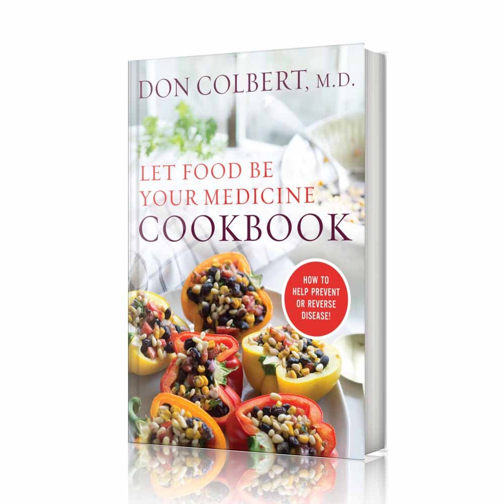 Hardcover book Dr. Colbert’s Let Food Be Your Medicine Cookbook by Dr. Don Colbert, MD featuring colorful stuffed bell peppers filled with grains, vegetables, and nutrient-dense ingredients representing whole-food nutrition and healthy cooking. This Divine Health cookbook focuses on using food as medicine to support gut health, digestion, and metabolic wellness. The book highlights the role of fiber-rich foods for digestive balance and microbiome support while complementing wellness strategies that may include probiotics, collagen powder, and MCT oil powder for energy and metabolic health. Designed to help readers improve nutrition through simple recipes and healthy ingredients, the cookbook promotes a holistic Divine Health lifestyle focused on gut health, balanced nutrition, and long-term wellness through food.