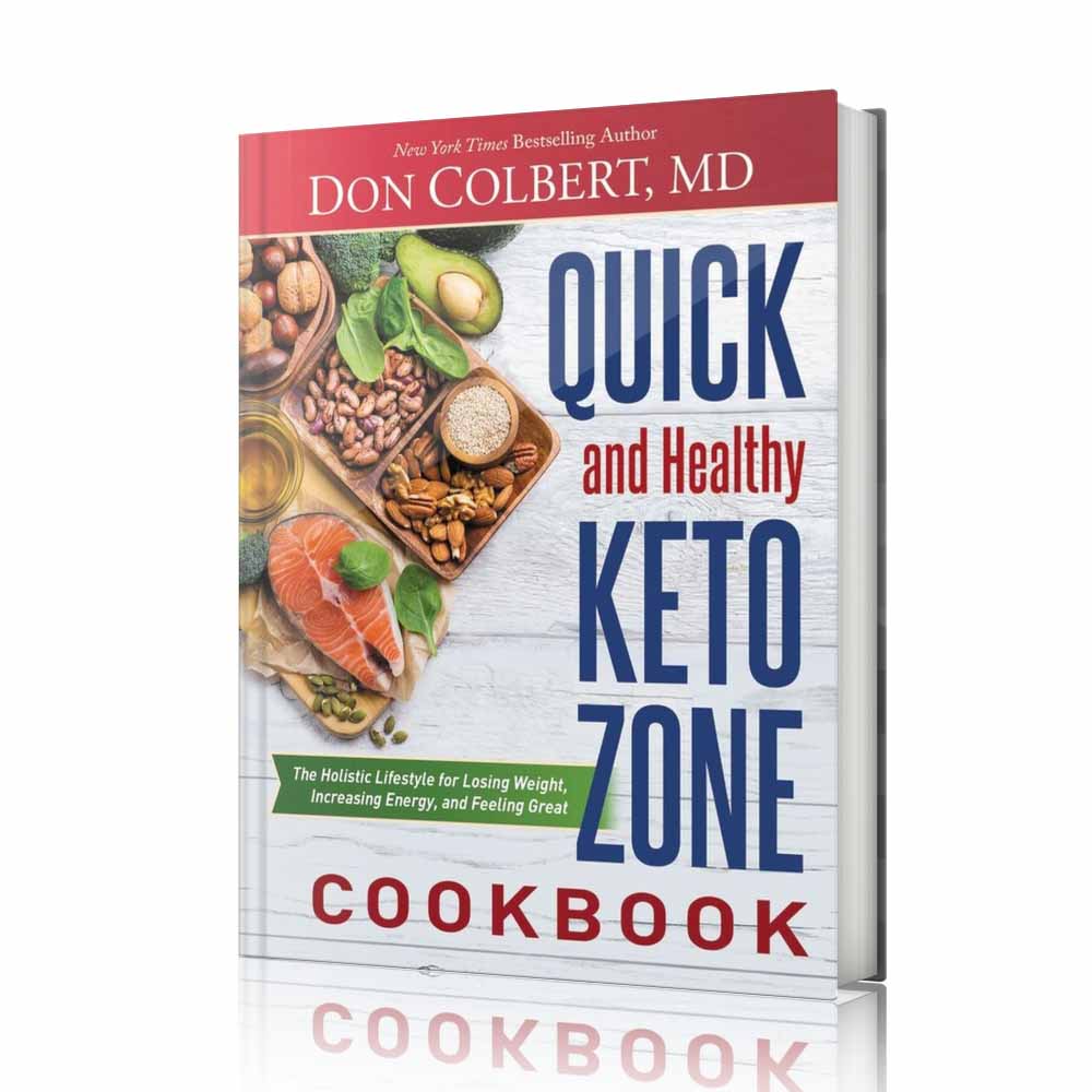 Cover of Dr. Colbert’s Quick and Healthy Keto Zone Cookbook by Dr. Don Colbert, MD featuring salmon, avocado, nuts, olive oil, seeds, and fresh ketogenic ingredients arranged on a wooden surface representing healthy keto nutrition. This Keto Zone cookbook focuses on quick, nutrient-dense recipes designed to support fat burning, sustained energy, and metabolic health. The book highlights how ketogenic foods rich in healthy fats and fiber can support gut health and complement probiotics for digestive balance. It also aligns with wellness strategies that include collagen powder for structural support and MCT oil powder for ketogenic energy production. As part of the Keto Zone lifestyle created by Dr. Don Colbert, MD, the cookbook teaches readers how to prepare simple meals that promote weight management, improved digestion, and long-term metabolic wellness.