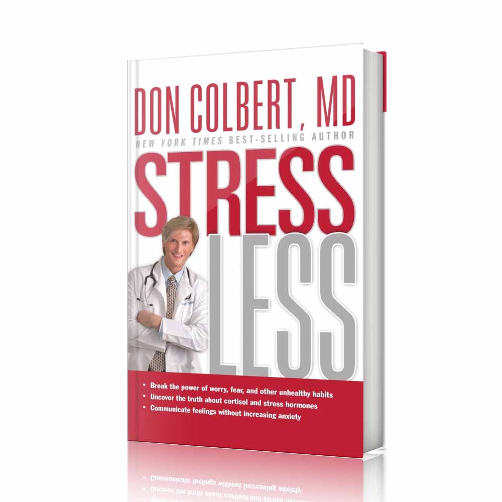 Hardcover book Dr. Colbert’s Stress Less by Dr. Don Colbert, MD featuring a white and red cover with the author pictured in a medical coat, representing stress management, emotional health, and holistic wellness. This Divine Health book focuses on understanding the effects of stress hormones like cortisol and how chronic stress can negatively affect gut health, digestion, and overall wellbeing. The book explains practical ways to improve mental and physical health through lifestyle changes, emotional awareness, and nutrition strategies that support the microbiome. It also aligns with wellness practices that include probiotics for digestive balance, fiber supplements for gut health support, collagen powder for structural health, and MCT oil powder for sustained metabolic energy as part of a holistic Divine Health lifestyle approach.