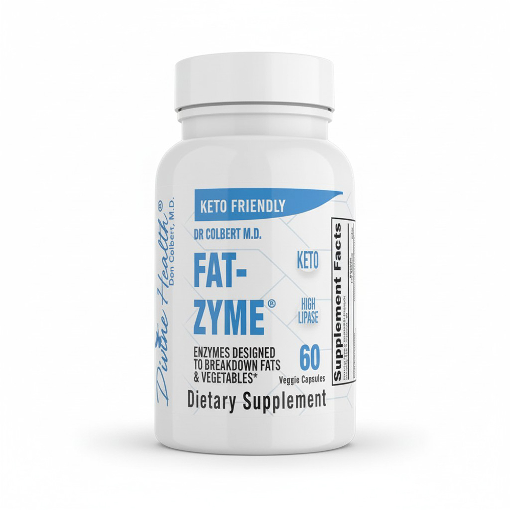 Fat-Zyme by Dr. Don Colbert, MD from Divine Health — keto-friendly digestive enzyme supplement with high lipase designed to support fat digestion, nutrient absorption, gut health, and overall digestive balance for Keto Zone and low-carb nutrition plans.