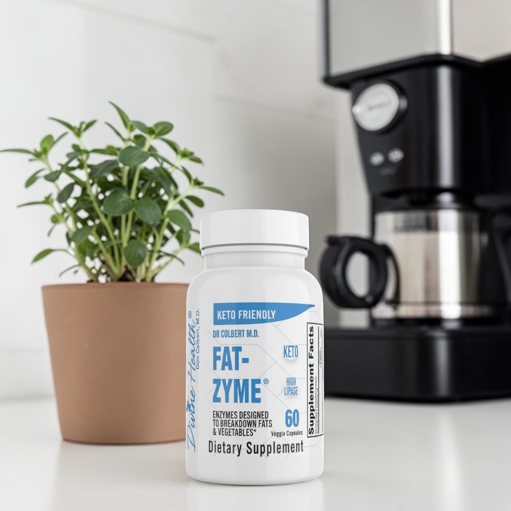Fat-Zyme by Dr. Don Colbert, MD from Divine Health — keto-friendly digestive enzyme supplement with high lipase designed to support fat digestion, enhance nutrient absorption, promote gut health, and optimize digestion for Keto Zone and low-carb nutrition plans.