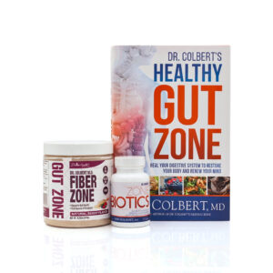 Gut Zone Starter Pack by Dr. Don Colbert, MD from Divine Health featuring the Healthy Gut Zone book alongside Fiber Zone natural berry flavor prebiotic fiber supplement and Zone Biotics probiotic capsules, designed to support gut health, restore digestive balance, promote beneficial probiotics, improve regularity, and enhance overall digestive wellness.