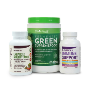 Immune Support Maintenance Pack by Dr. Don Colbert, MD from Divine Health featuring Enhanced Multivitamin with active vitamins and chelated minerals, Fermented Green Supremefood probiotic greens powder with digestive enzymes, and Immune Support capsules containing vitamin C, zinc, vitamin D3, elderberry, and quercetin, formulated to promote gut health, immune defense, nutrient absorption, and overall wellness support.