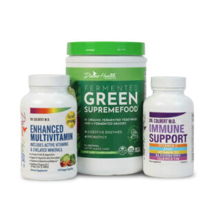 Immune Support Maintenance Pack by Dr. Don Colbert, MD from Divine Health featuring Enhanced Multivitamin with active vitamins and chelated minerals, Fermented Green Supremefood probiotic greens powder with digestive enzymes, and Immune Support capsules containing vitamin C, zinc, vitamin D3, elderberry, and quercetin, formulated to promote gut health, immune defense, nutrient absorption, and overall wellness support.