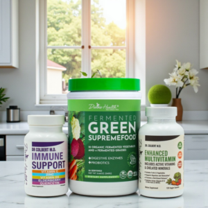 Immune Support Maintenance Pack featuring Divine Health Immune Support, Fermented Green Supremefood, and Enhanced Multivitamin supplements on kitchen counter for daily immune and gut health support.