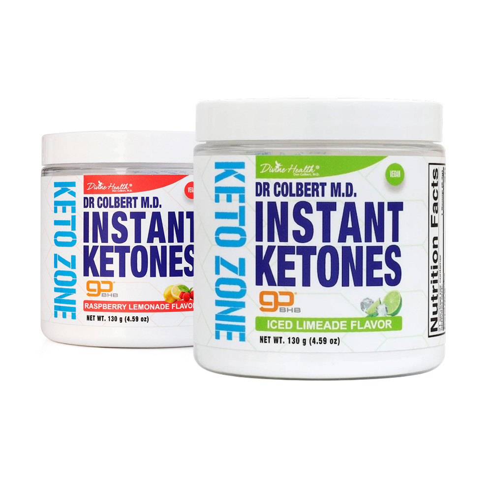 Instant Ketones Powder hero image showing Iced Limeade in front and Raspberry Lemonade behind by Divine Health by Dr. Don Colbert, MD BHB drink mix designed to support clean energy and daily keto lifestyle routines.