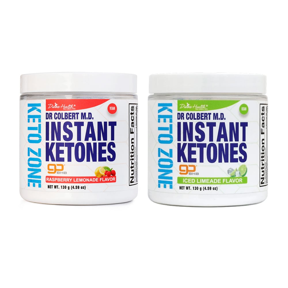 Instant Ketones Powder Raspberry Lemonade and Iced Limeade flavors by Divine Health by Dr. Don Colbert, MD BHB drink mix designed to support clean energy and daily keto routines.
