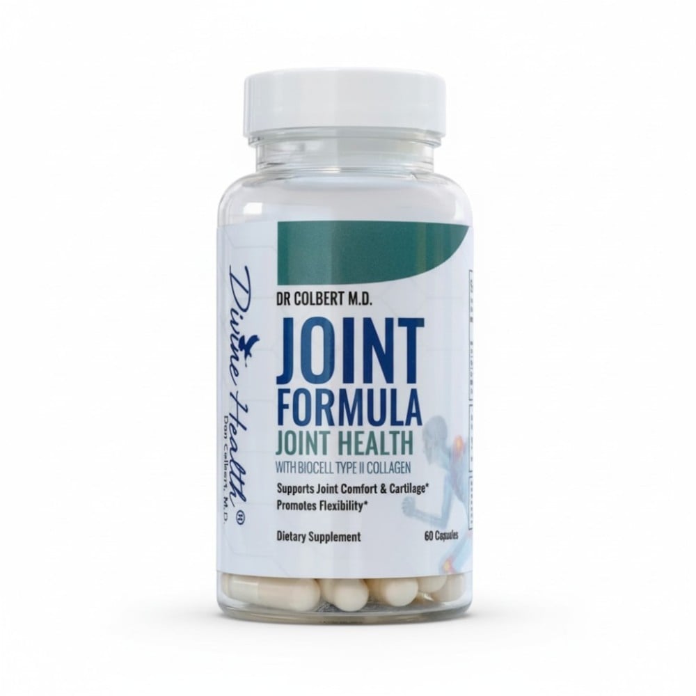Joint Formula by Dr. Don Colbert, MD from Divine Health — dietary supplement with BioCell Type II collagen formulated to support joint comfort, cartilage health, flexibility, connective tissue integrity, and overall mobility as part of a comprehensive wellness program.