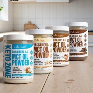Keto Zone MCT Oil Powder in Hazelnut, Dutch Chocolate, French Vanilla, and Coconut Cream flavors by Dr. Colbert displayed in a lineup on white background