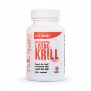 Bottle of Living Krill Oil 1000mg by Dr. Don Colbert, MD from Divine Health — omega-3 dietary supplement designed to support heart health, brain function, joint mobility, healthy inflammation balance, and complement Keto Zone, collagen powder, probiotics, and gut health routines.