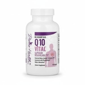 Bottle of Q10 Vital CoQ10 by Dr. Don Colbert, MD from Divine Health — high-bioavailability CoQ10 dietary supplement formulated to support heart health, cellular energy production, antioxidant protection, mitochondrial function, and complement Keto Zone, collagen powder, probiotics, fiber supplement, and gut health routines.