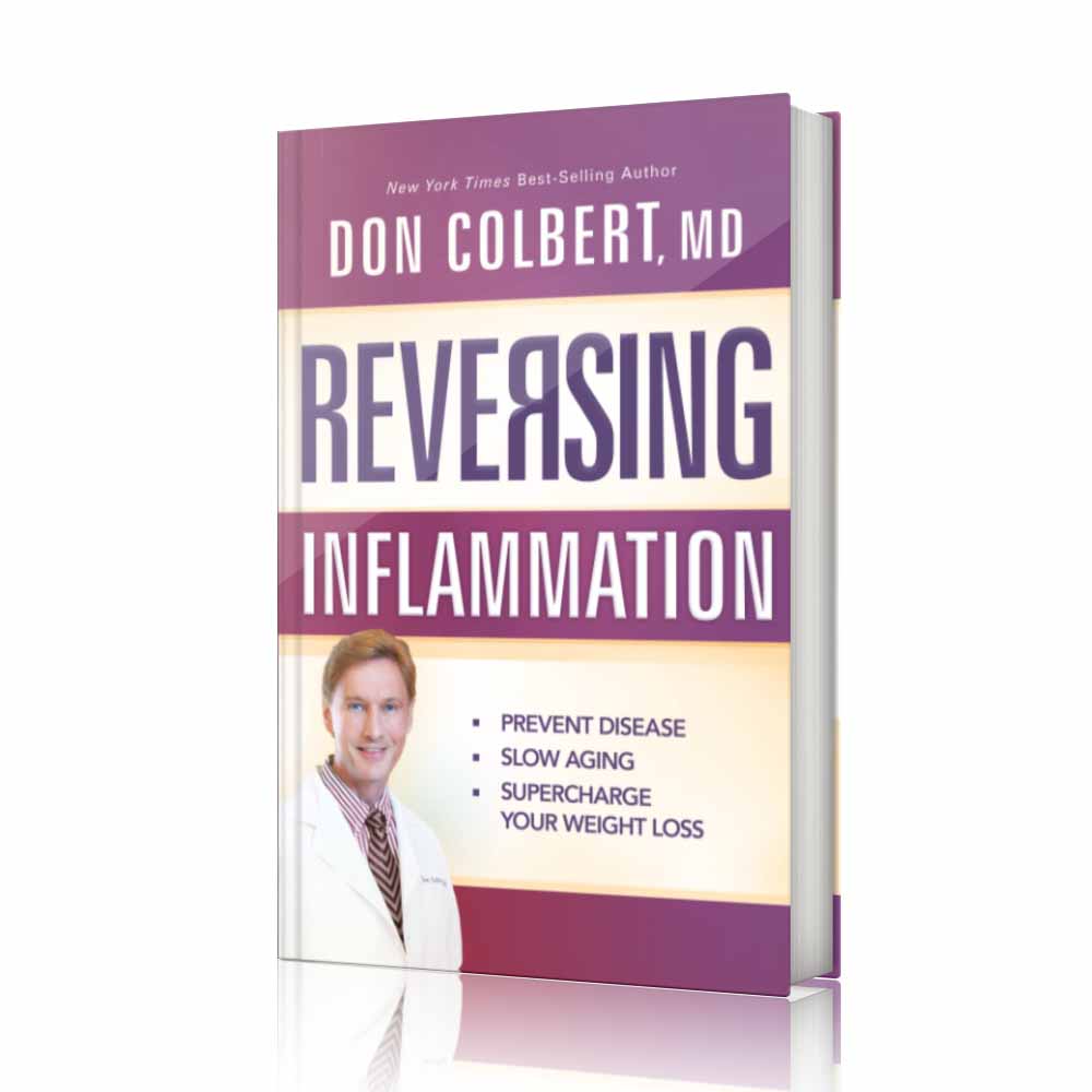 Book cover of Reversing Inflammation by Dr. Don Colbert, MD from Divine Health. The guide focuses on natural ways to support the body’s inflammatory balance through nutrition, gut health support, probiotics, fiber-rich foods, collagen support, and healthy fats like MCT oil. The book promotes strategies for metabolic health, healthy aging, improved energy levels, and sustainable weight management.