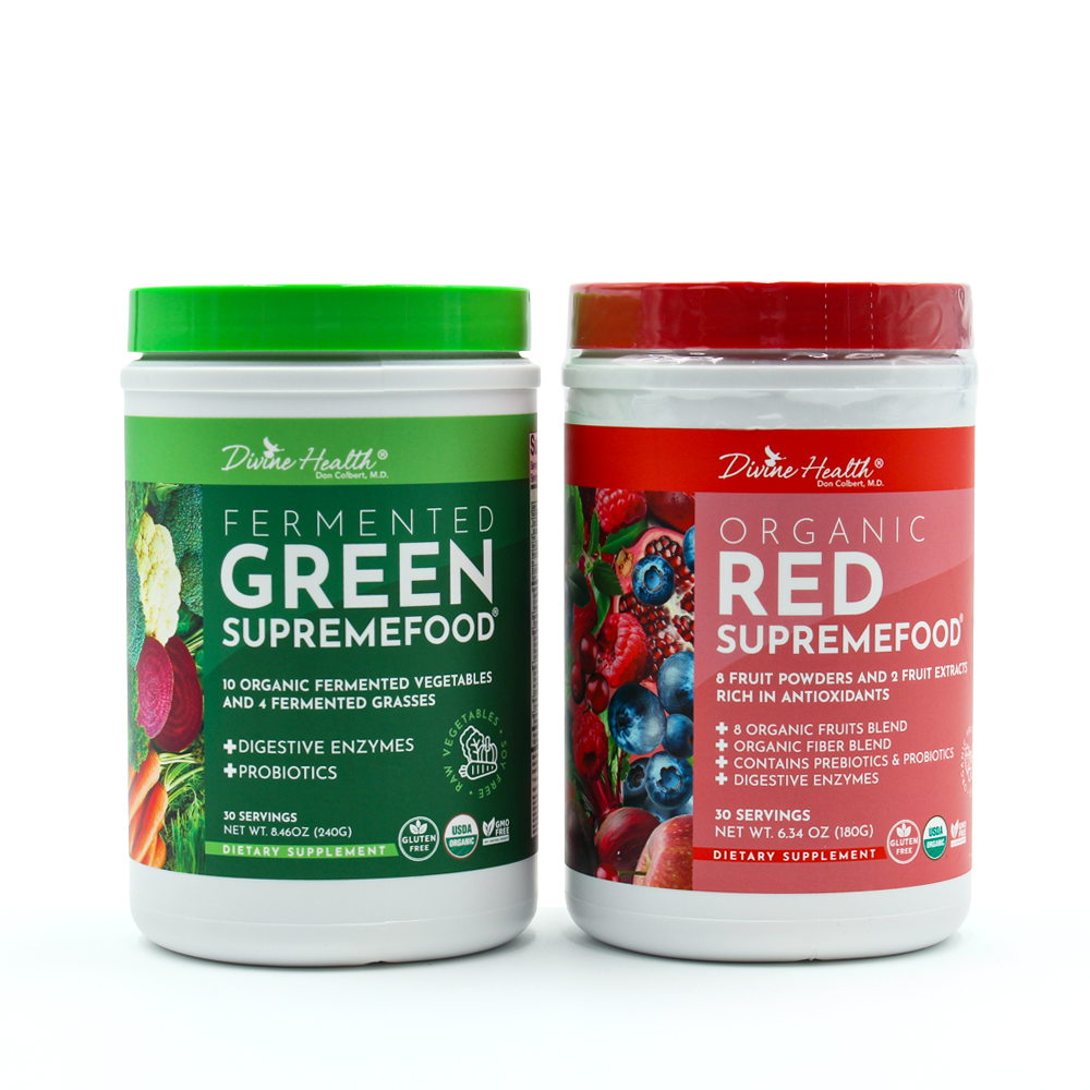 Supremefood Pack by Dr. Don Colbert, MD from Divine Health featuring Fermented Green Supremefood probiotic greens powder with organic vegetables, digestive enzymes, and probiotics alongside Organic Red Supremefood antioxidant fruit powder containing organic fruits, fiber blend, prebiotics, probiotics, and digestive enzymes designed to support gut health, digestion, immune balance, antioxidant protection, and overall daily nutritional wellness.