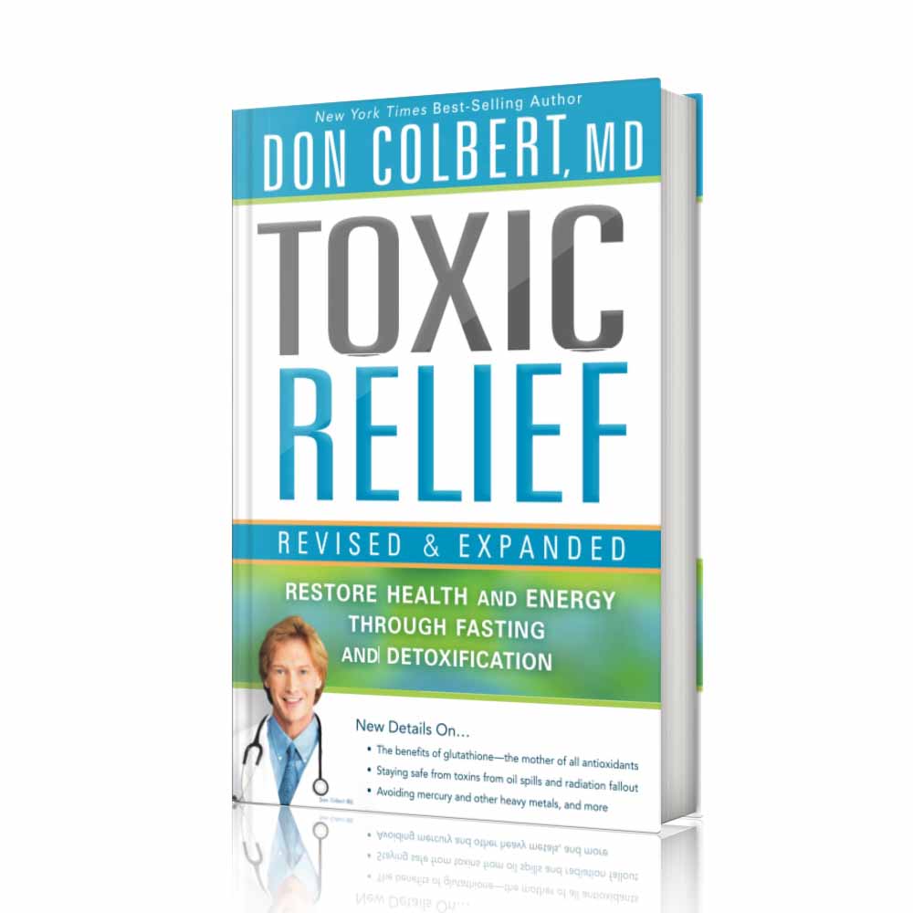 Toxic Relief Revised & Expanded book by Dr. Don Colbert, MD from Divine Health displayed with a clean white background, highlighting a comprehensive detox and wellness guide focused on supporting natural detoxification, gut health, and metabolic balance. The book explores how toxins impact digestion, energy levels, immune health, and overall vitality while introducing strategies such as fasting, improved nutrition, probiotics, fiber intake, and detox lifestyle practices to support the body’s natural cleansing systems and promote long-term health.