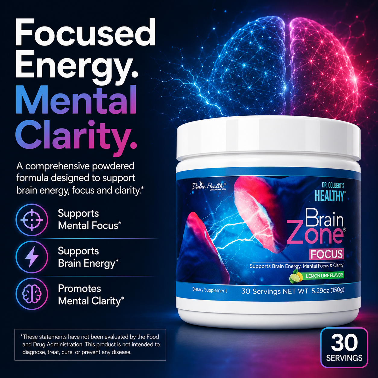 Brain Zone Focus lemon lime powder supports brain energy, mental focus and clarity