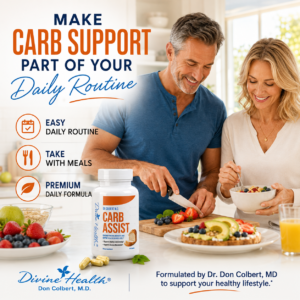 Healthy adult couple taking Divine Health Carb Assist with a balanced meal as part of their daily routine