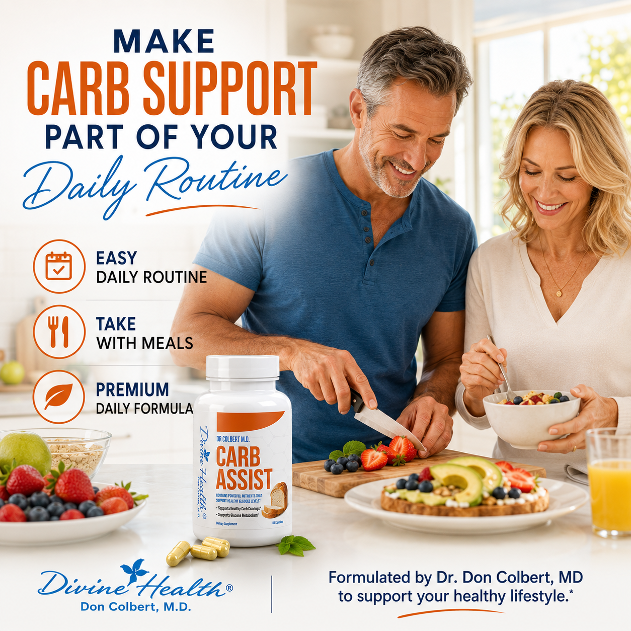 Healthy adult couple taking Divine Health Carb Assist with a balanced meal as part of their daily routine