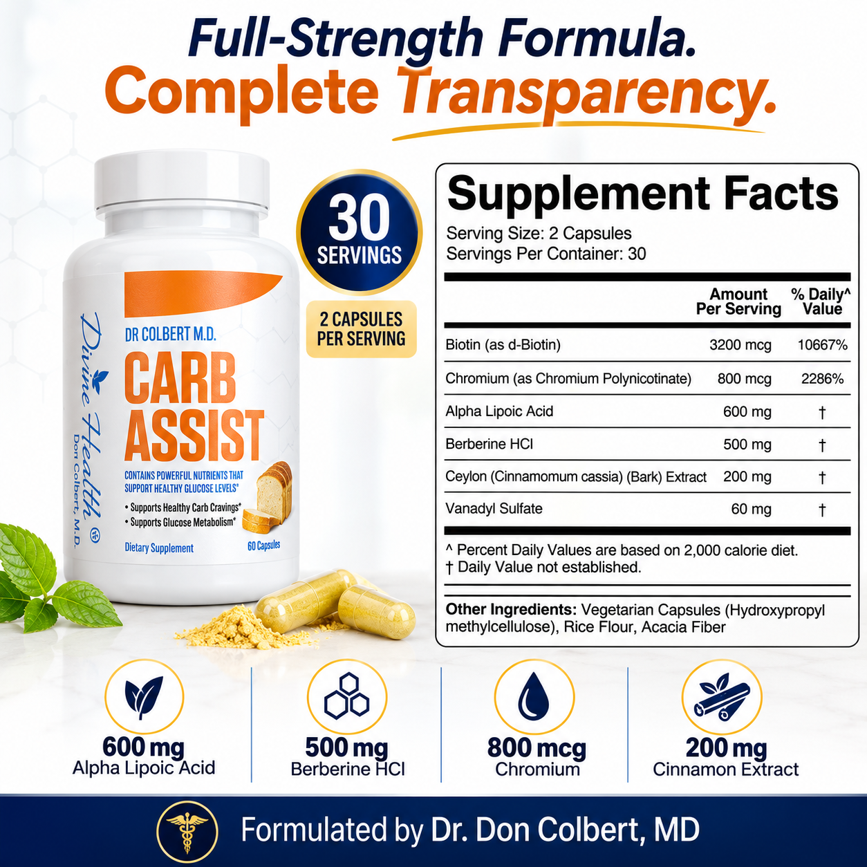 Divine Health Carb Assist Supplement Facts with alpha lipoic acid, berberine HCl, chromium, cinnamon extract, biotin, and vanadyl sulfate