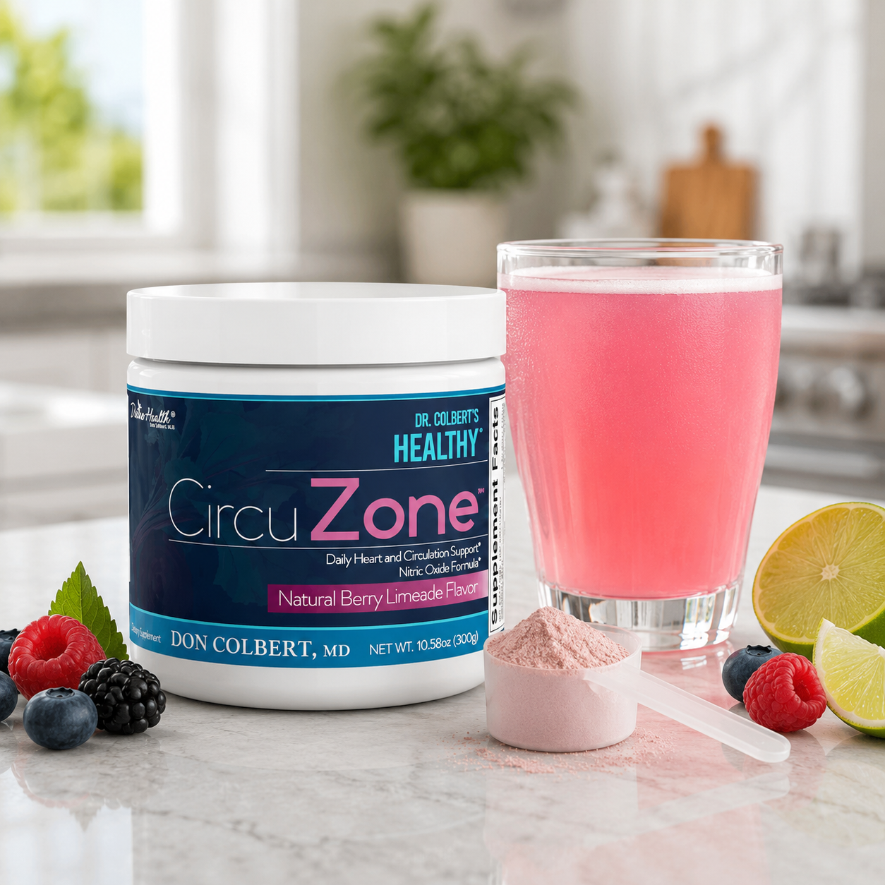 Divine Health CircuZone berry limeade powder displayed with a prepared pink drink, scoop, berries and lime on a kitchen counter