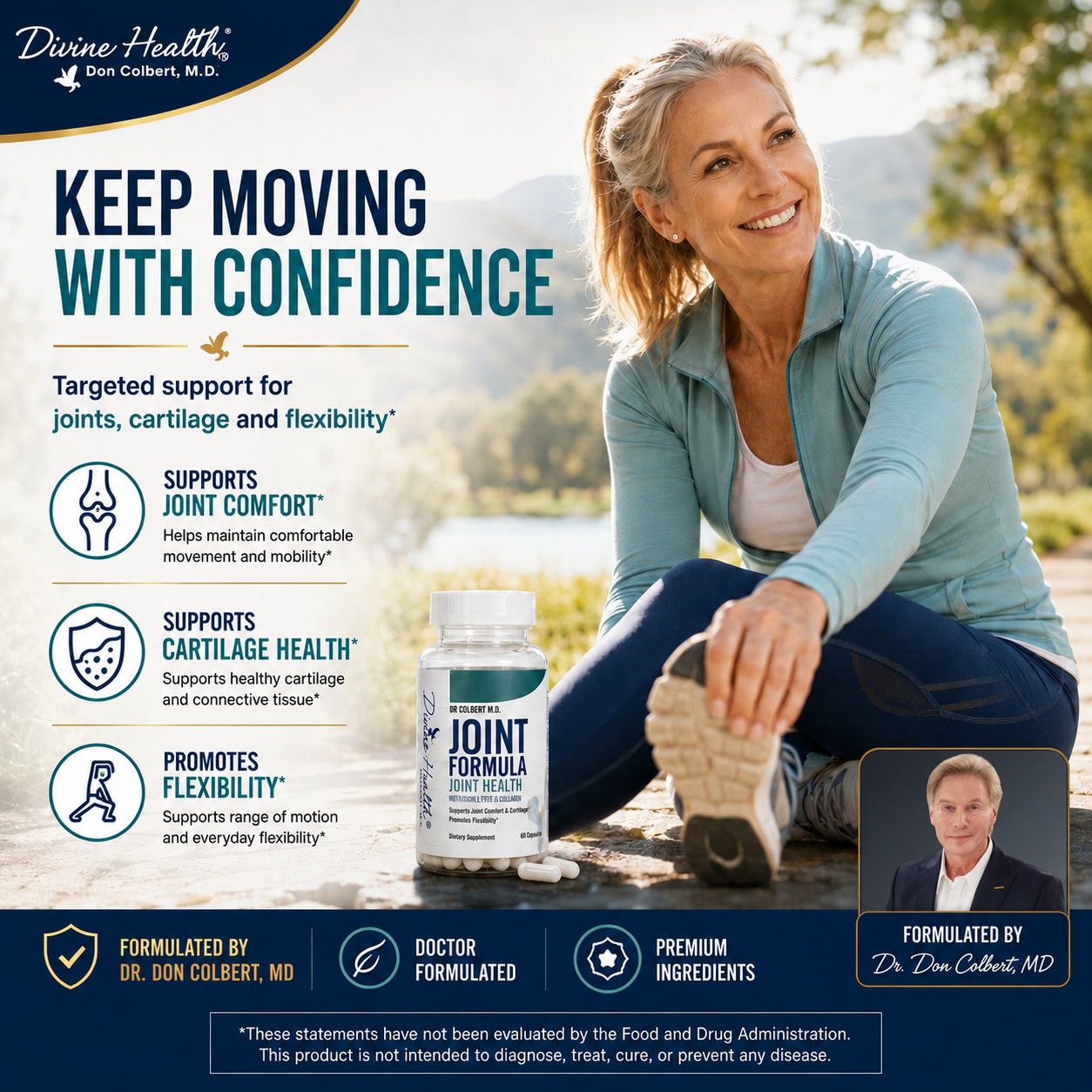 Active mature woman stretching outdoors beside Divine Health Joint Formula by Dr. Don Colbert, MD, with joint comfort, cartilage and flexibility benefits