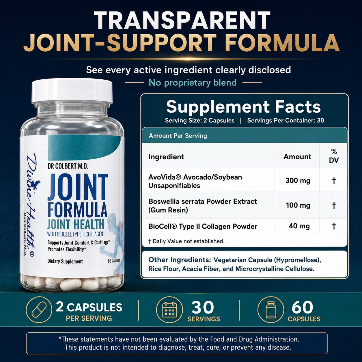 Supplement Facts for Divine Health Joint Formula showing AvoVida 300 milligrams, Boswellia serrata 100 milligrams and BioCell Type II collagen 40 milligrams per serving