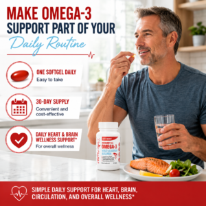 Active adult man taking a Divine Health Wild Alaskan Salmon Omega-3 softgel with water as part of a daily heart, brain, and circulation wellness routine