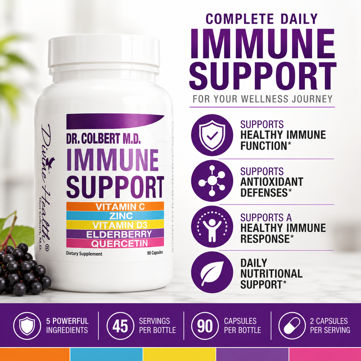 Dr. Colbert’s Immune Support formula designed to support healthy immune function, antioxidant defenses, and daily nutritional wellness