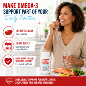 Woman taking Dr. Colbert’s Wild Alaskan Salmon Omega-3 softgel with water as part of her daily heart and brain wellness routine